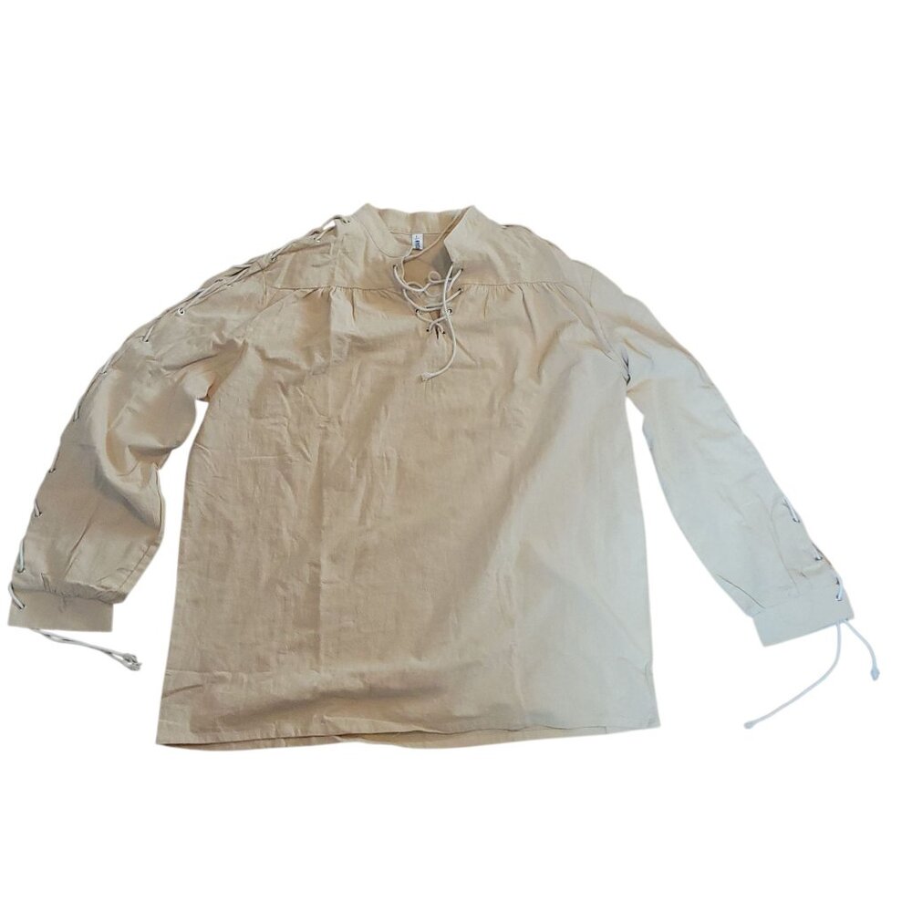 Mens Large Medieval Renaissance Lace-Up Linen Shirt Beige Long Sleeve Pirate - Picture 7 of 12